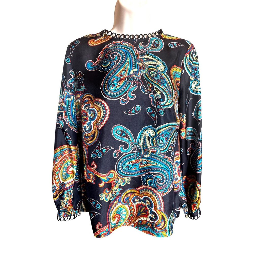 J Crew Silk Paisley Print Blouse Size 0 With Decorative Neckline Details Office